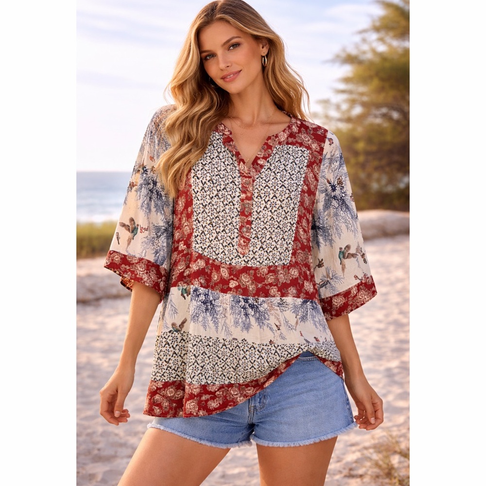 POL Multi Color Floral and Bird Multi Print Boho Top!
